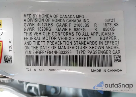 2022 Honda Civic Touring from USA, damaged, VIN 2HGFE1F94NH303293
